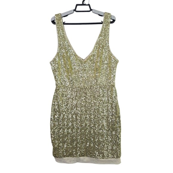 Womens Bisou Bisou Michele Bohbot Gold Sequin Sleeveless Dress V-Neck Size 14 - Picture 1 of 7